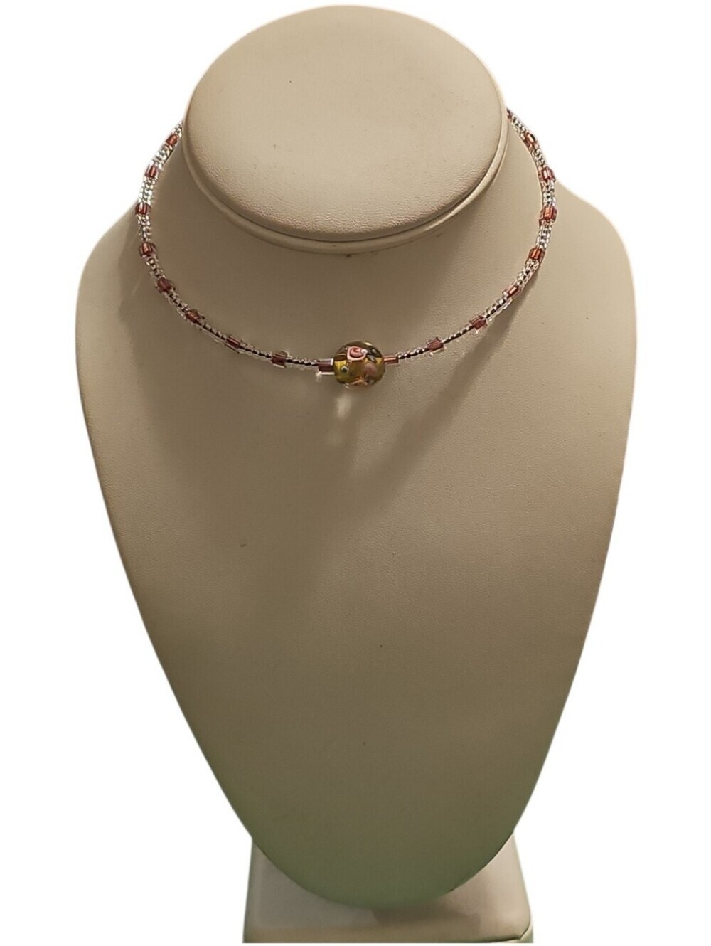 Handcrafted Pink Beaded Choker Necklace with Glass Focal Bead